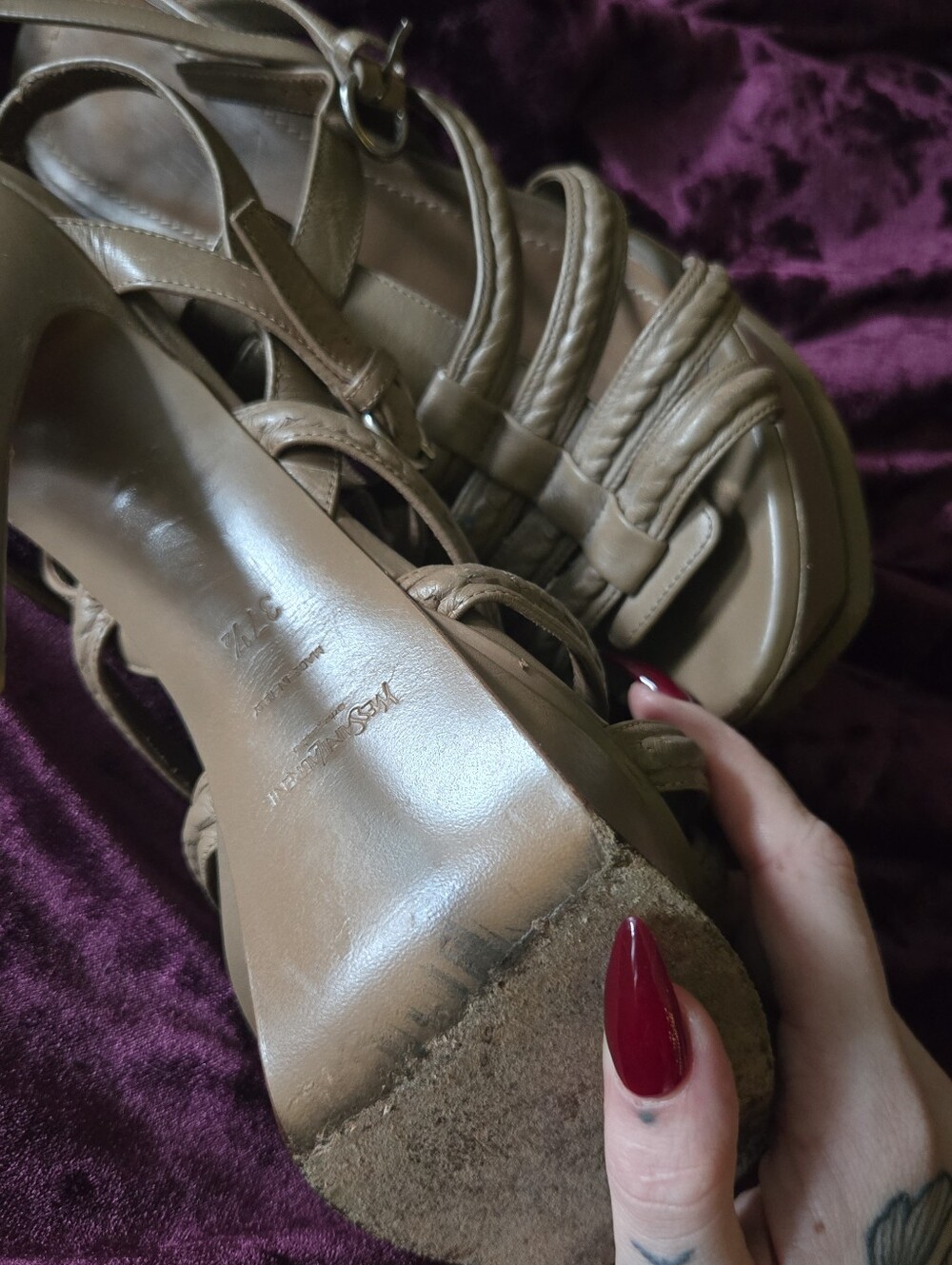 YSL Hamptons Tribute Strappy Platform Heeled Sandal 37.5 Taupe - Picture 8 of 8